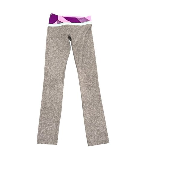 Ivivva lululemon Heather Gray Athletic Leggings Pink & Purple Waistband Girls 10 - Picture 1 of 7